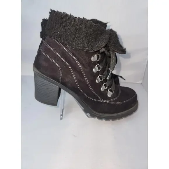 Jellypop Black Combat Ankle Boots Size 9.5M Lug Sole Heeled Sherpa Lined - Picture 3 of 14